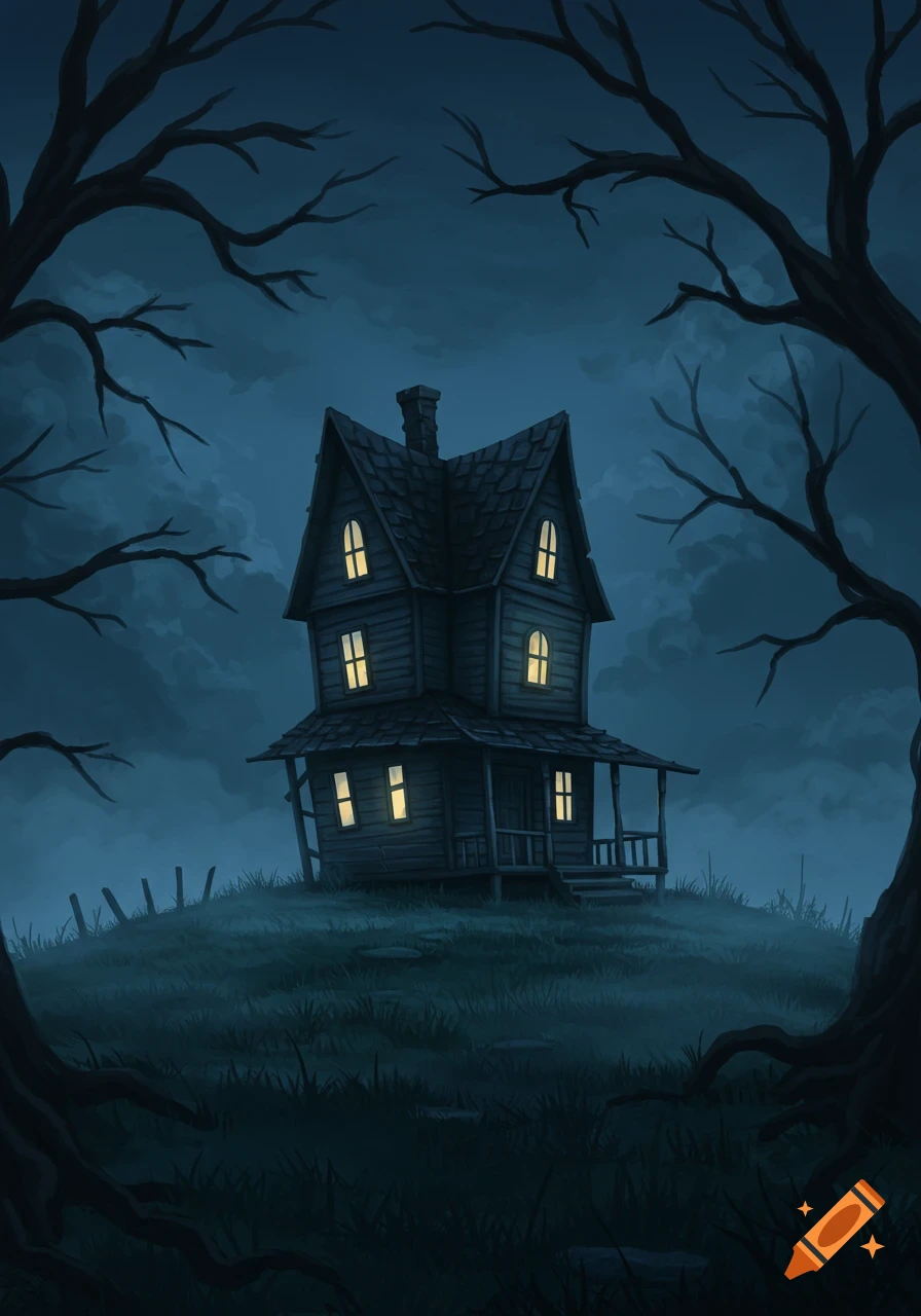 A spooky, old house with glowing windows on a dark hill, framed by bare trees at night. Illustration.