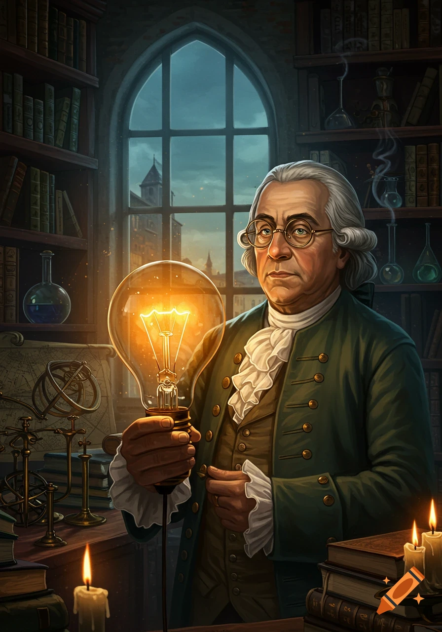 Painterly portrait of Ben Franklin holding a glowing light bulb in a historical study with books and instruments.