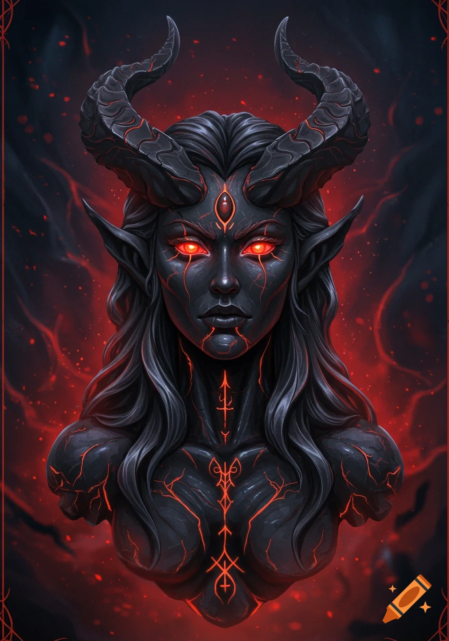 Dark fantasy bust of a demonic woman with horns, glowing red eyes, and red-cracked skin on a fiery background.