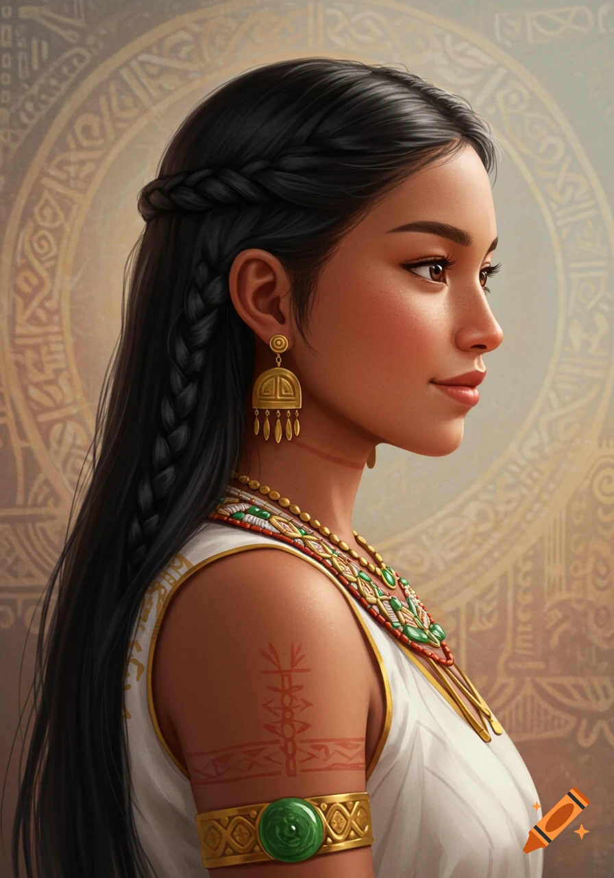 Profile of a young woman with long braided black hair, wearing traditional golden jewelry, a beaded necklace, and a jade arm cuff, against a patterned background.