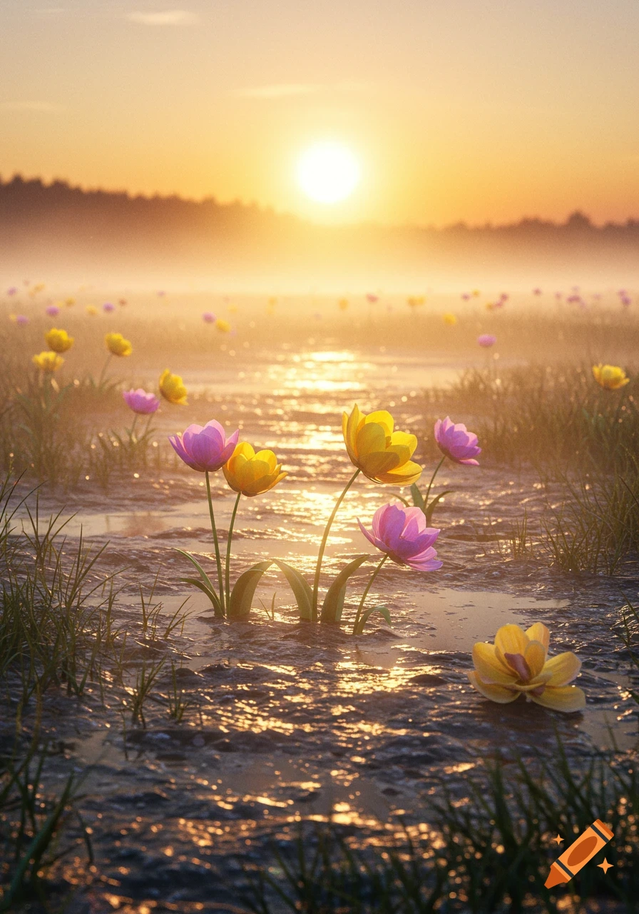 Yellow and pink flowers emerge from mud, glistening in the golden light of a misty sunrise over a distant forest.
