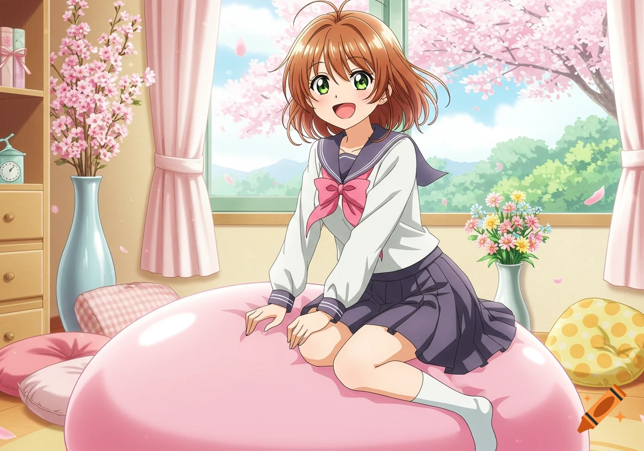 A smiling anime schoolgirl with short brown hair sits on a pink cushion by a window, with cherry blossoms outside.
