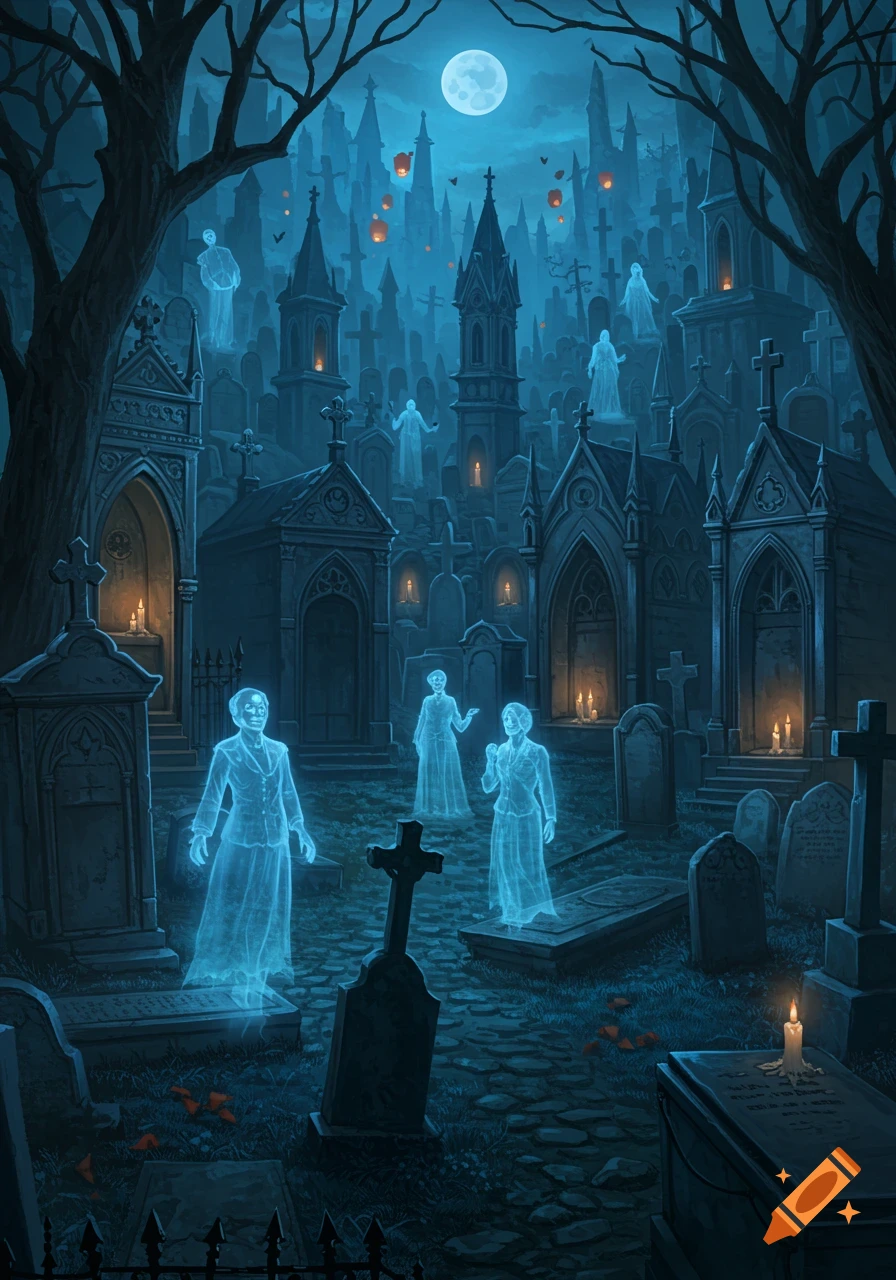 An illustration of a moonlit cemetery at night, with numerous tombstones, mausoleums, and glowing blue ghosts among them, framed by dark trees.