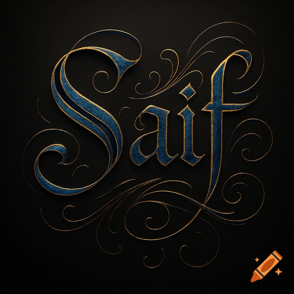 Elegant calligraphic rendering of the name 'Saif' in blue and gold on a dark background with decorative flourishes.