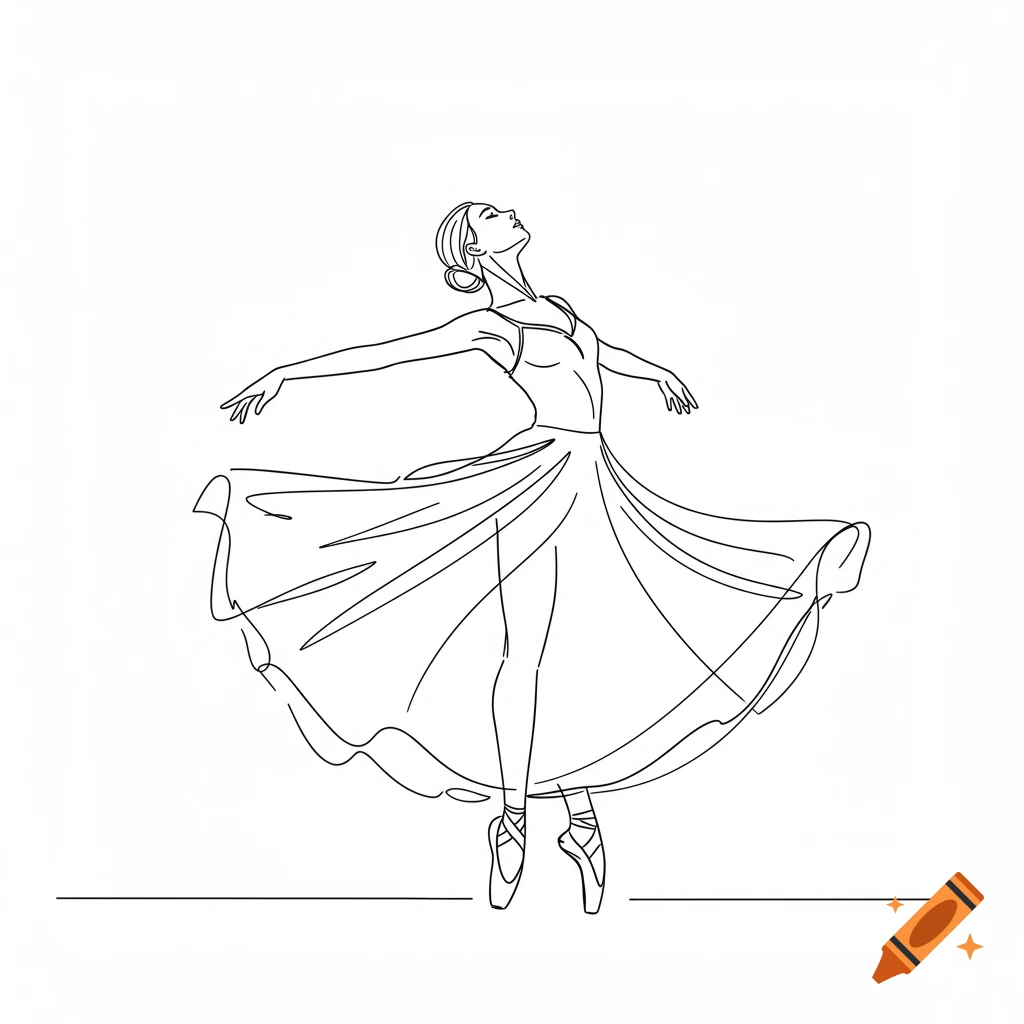 Line drawing of a ballerina dancing en pointe, with arms outstretched and a flowing skirt, looking upwards.