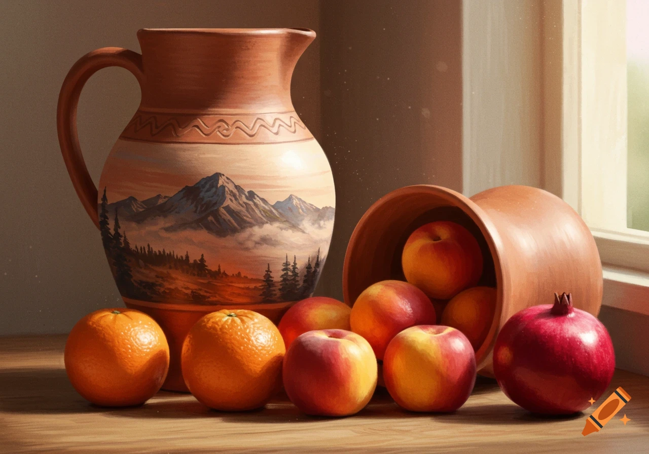 A still life of a clay pitcher with a painted mountain scene, surrounded by oranges, apples, and a pomegranate on a wooden table.