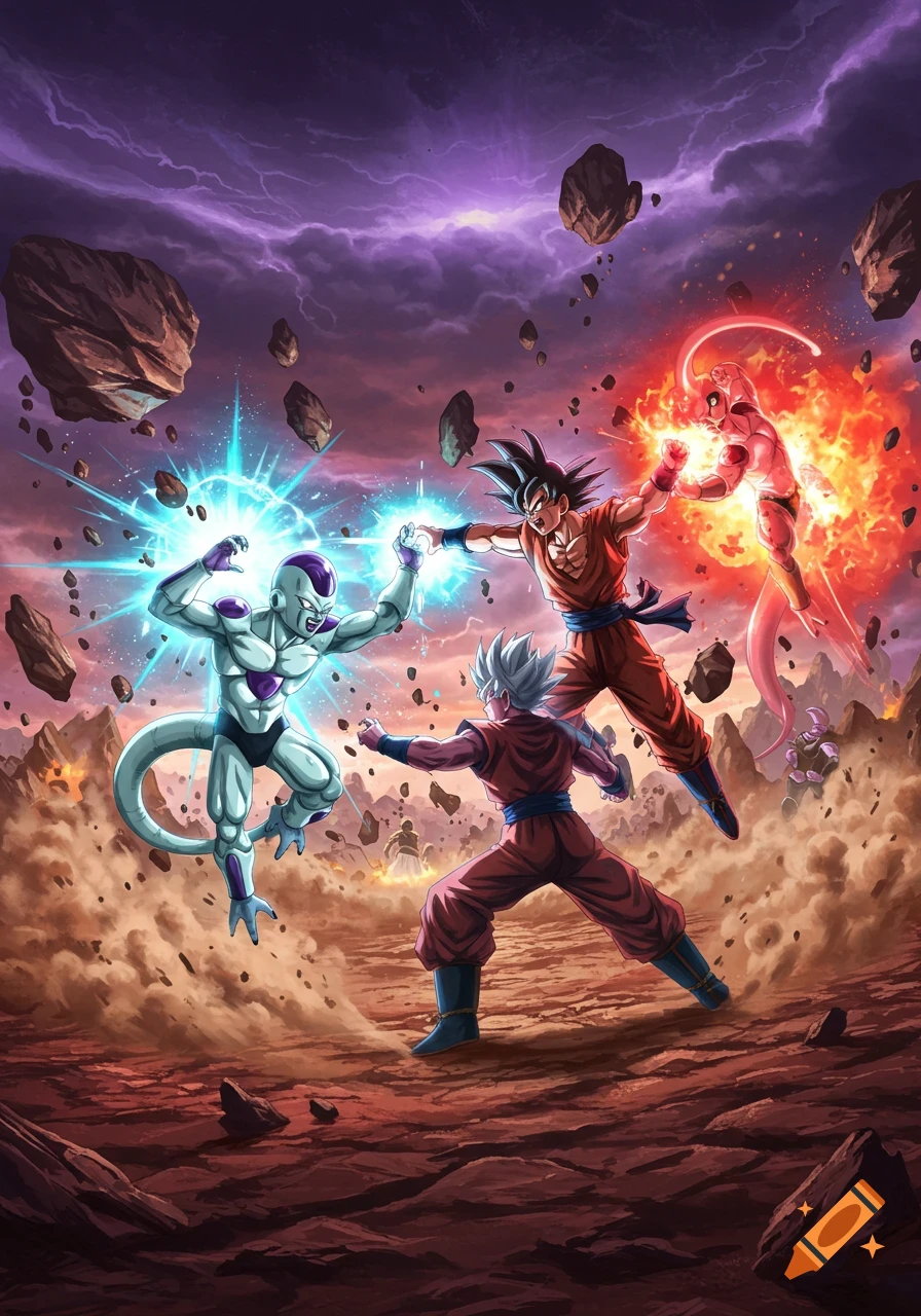 Anime battle scene with Goku, Frieza, and other characters fighting amidst flying rocks and a stormy sky, vibrant energy effects.