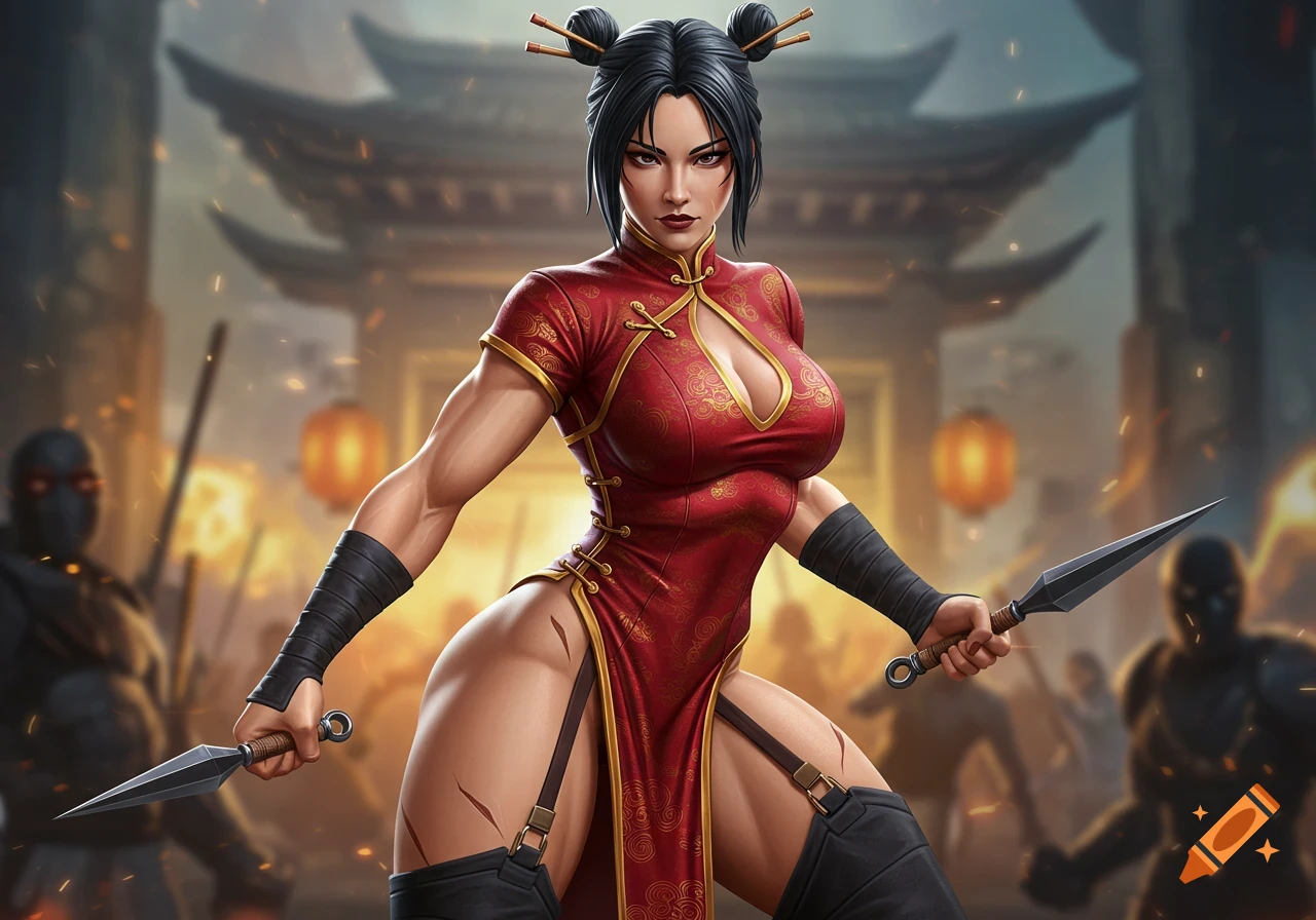 Muscular superheroine in a red qipao, holding kunai, ready for combat in front of a Chinese temple with ninjas, 3D art.