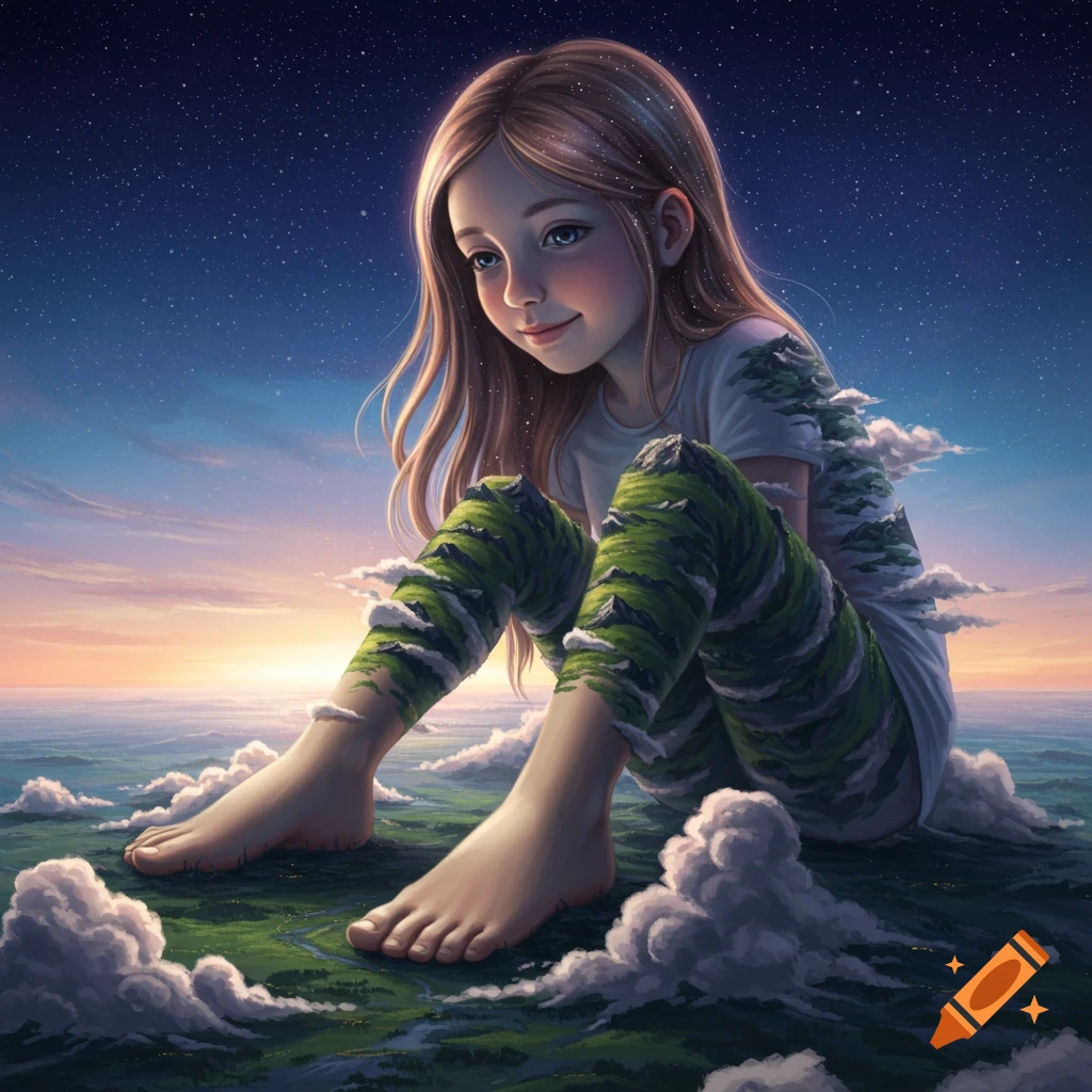 A giant barefoot girl sits on a green planet with clouds, under a starry sunset sky, digital art.