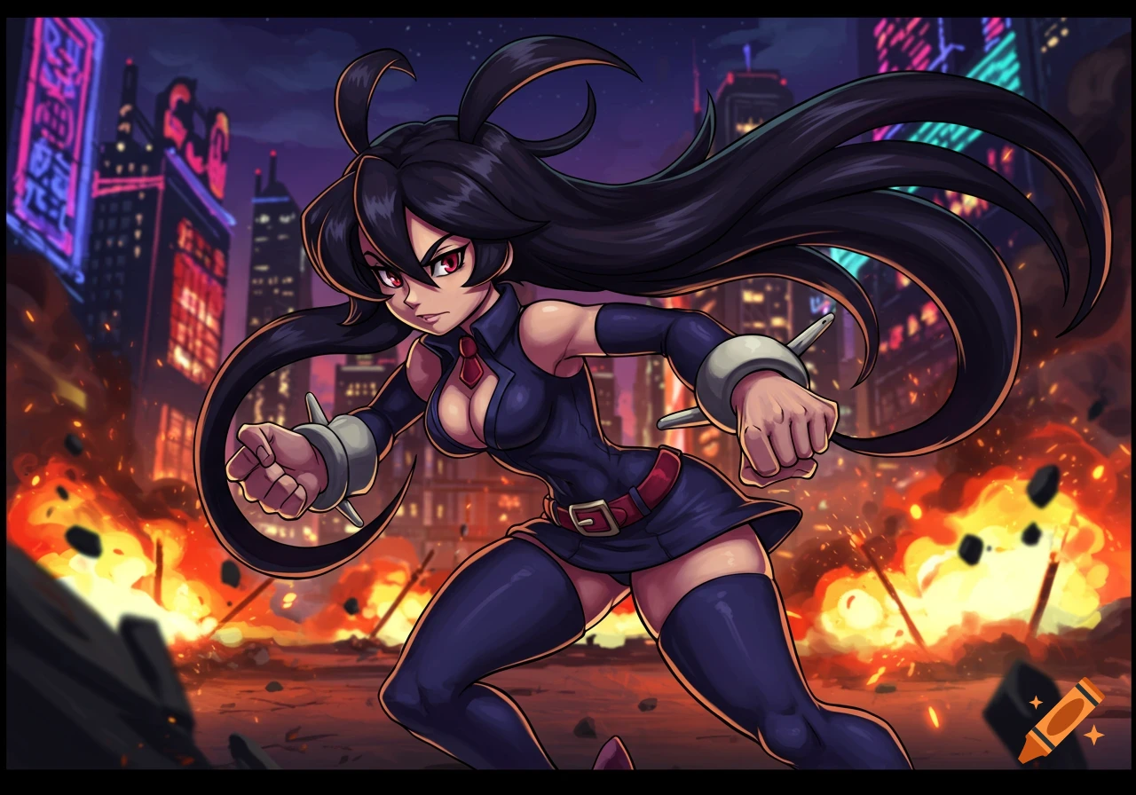 Anime-style character with long black hair, in a dark blue dress, thigh-highs, and spiked bracelets, clenching fists in a burning city.