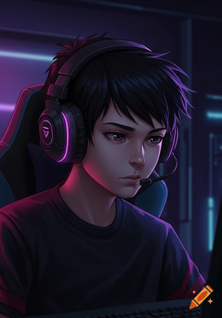 Anime style portrait of a boy gamer with black hair and a headset, bathed in purple and pink neon light.