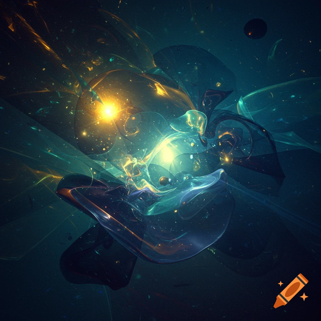 Abstract composition with glowing golden and teal translucent forms and sparkling particles on a dark background.