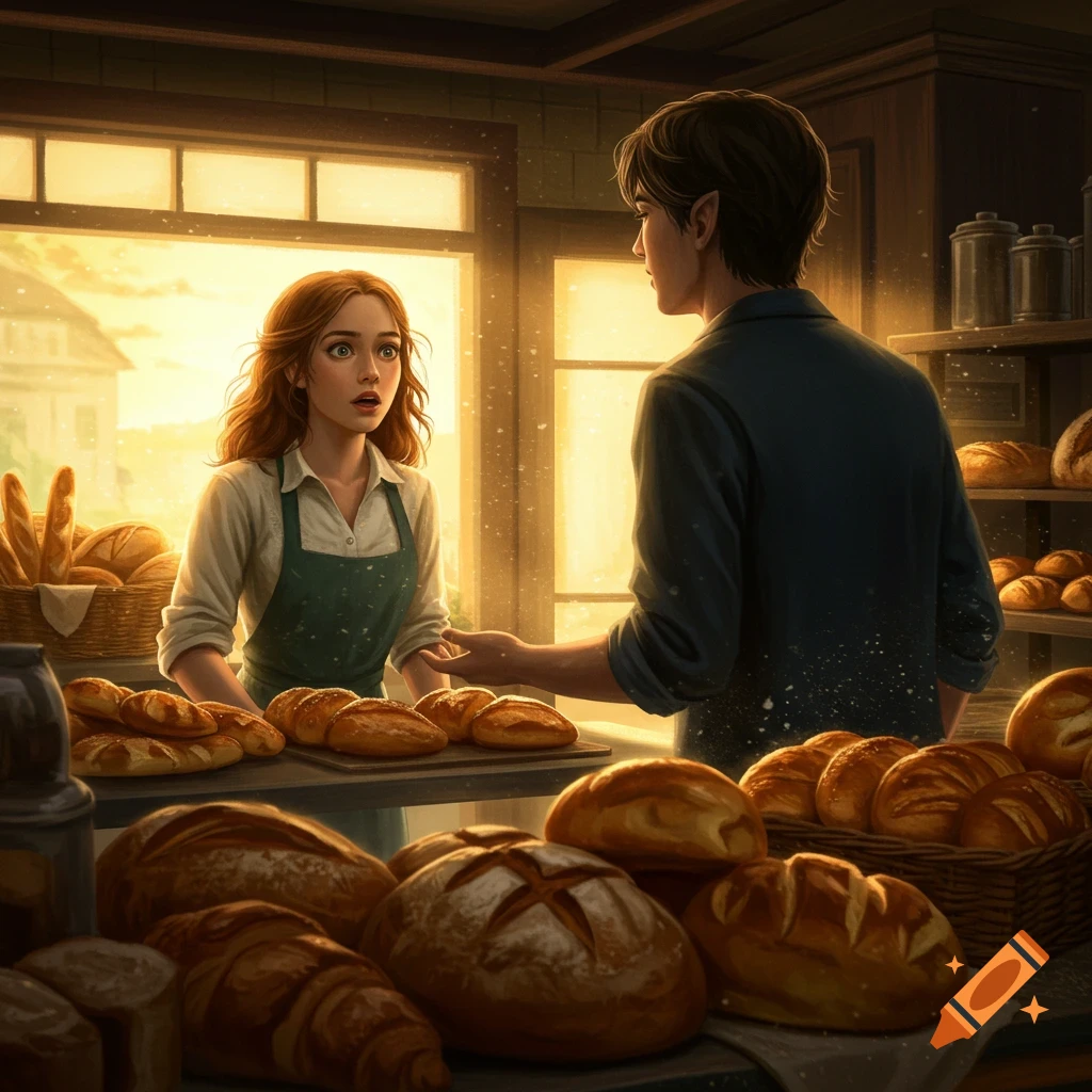 A surprised woman in a bakery apron serves a mysterious man at a bread-filled counter in a sunlit, whimsical bakery.