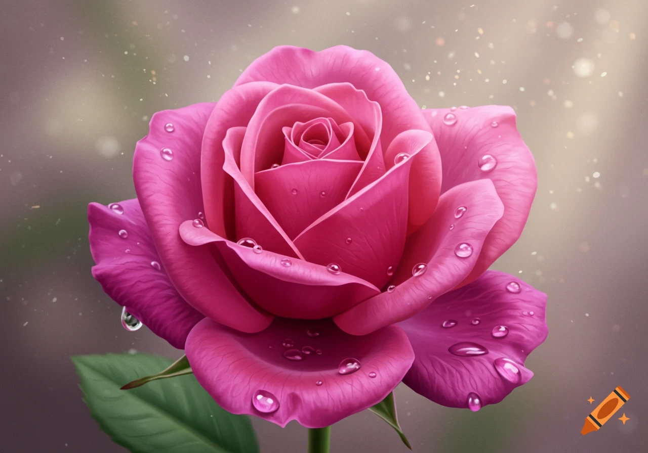 A vibrant pink rose covered in glistening water droplets against a soft, bokeh background.