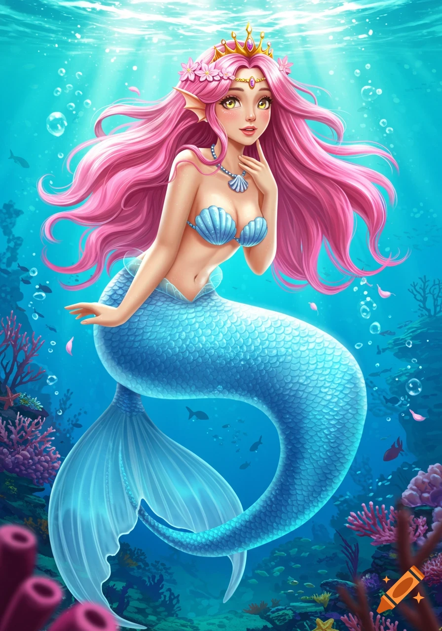 Cute mermaid princess with long pink hair, yellow eyes, golden tiara, and seashell necklace, swimming in a vibrant coral-filled underwater world.