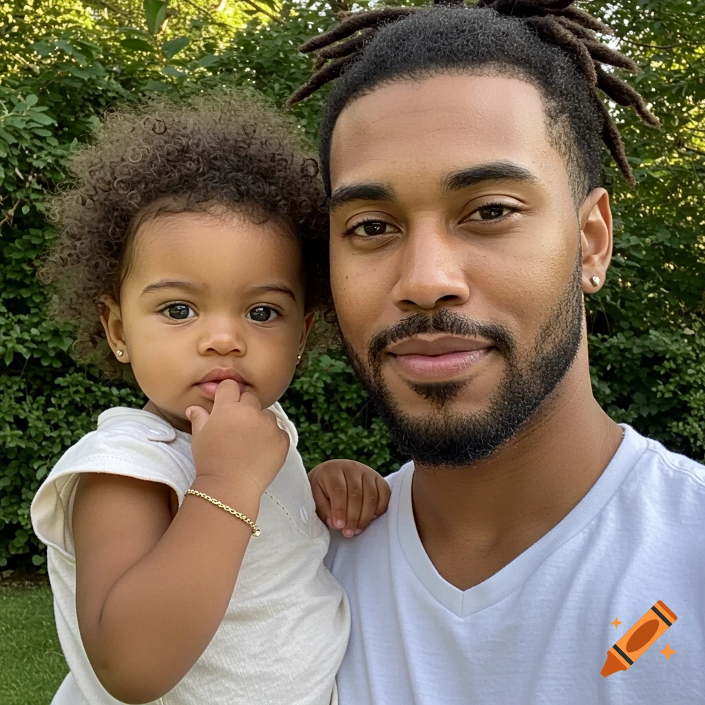 A man with dreadlocks holds a baby with curly hair, both looking at the camera in an outdoor selfie.