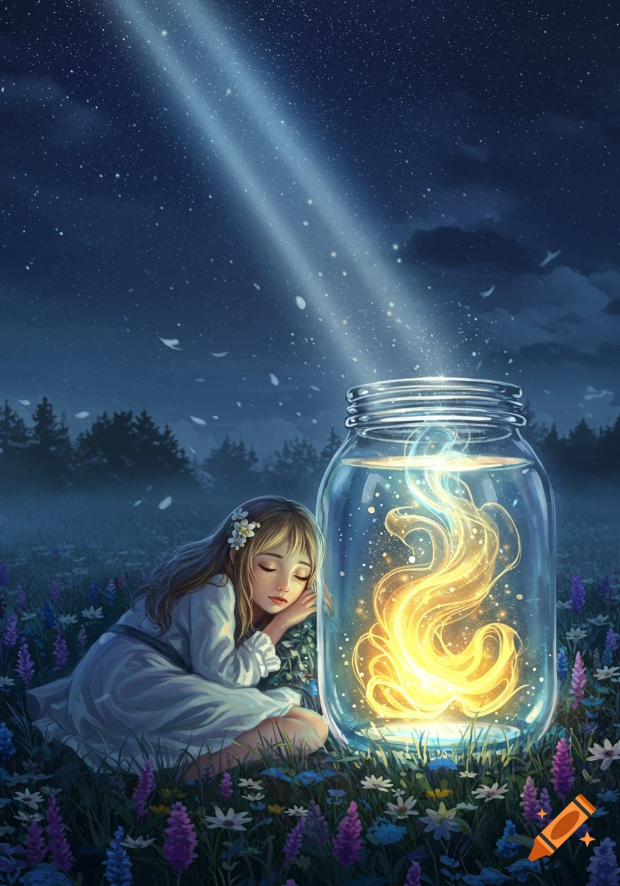 Illustrated scene of a girl sleeping beside a large jar glowing with golden light in a field of wildflowers under a starry night.