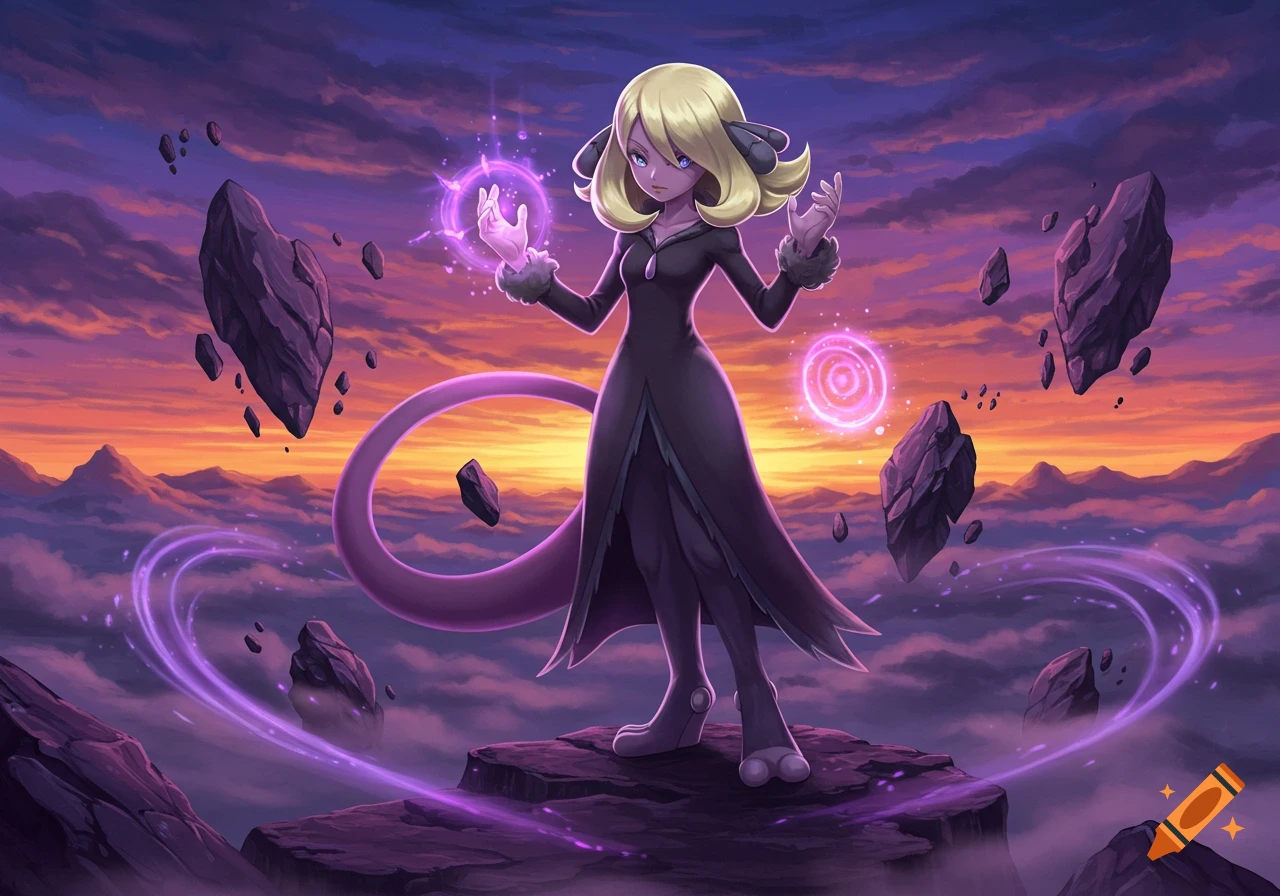 Cynthia as Mewtwo stands on a floating rock with purple energy and floating rocks around her, against a dramatic sunset sky.