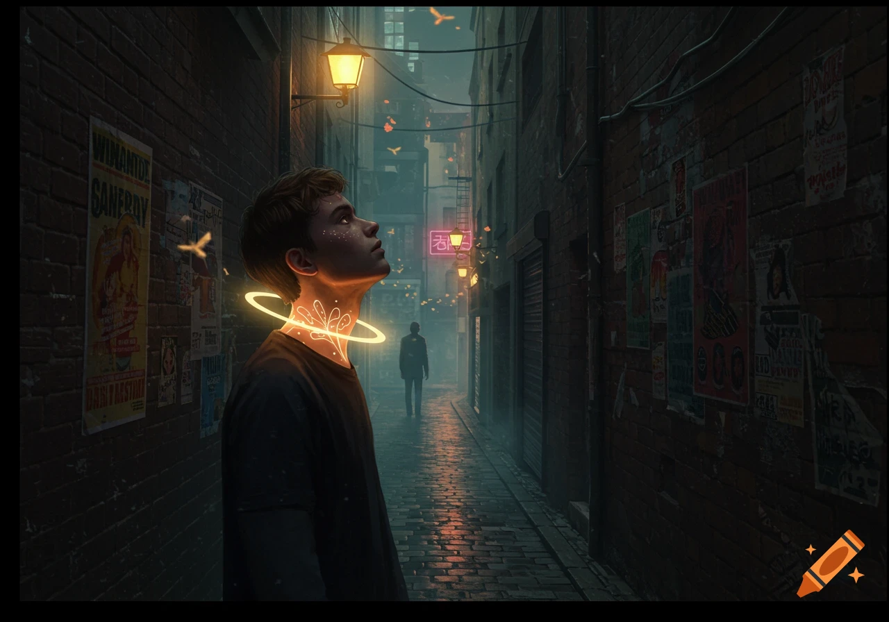A young man with glowing patterns on his neck and a bright halo looks up in a dark, atmospheric city alleyway filled with posters, with another figure in the distance.