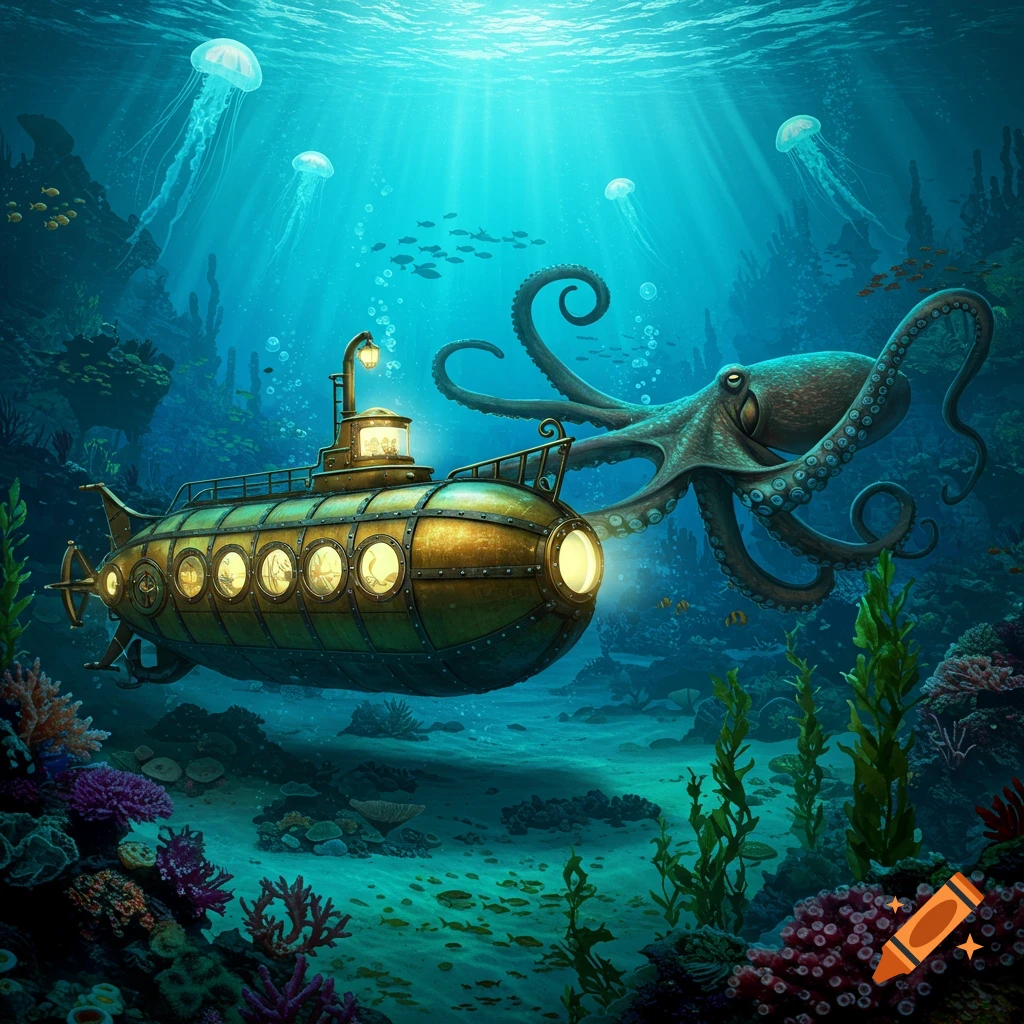 A vibrant steampunk submarine with a bright headlight explores a coral reef, as a giant octopus approaches. Jellyfish float above.