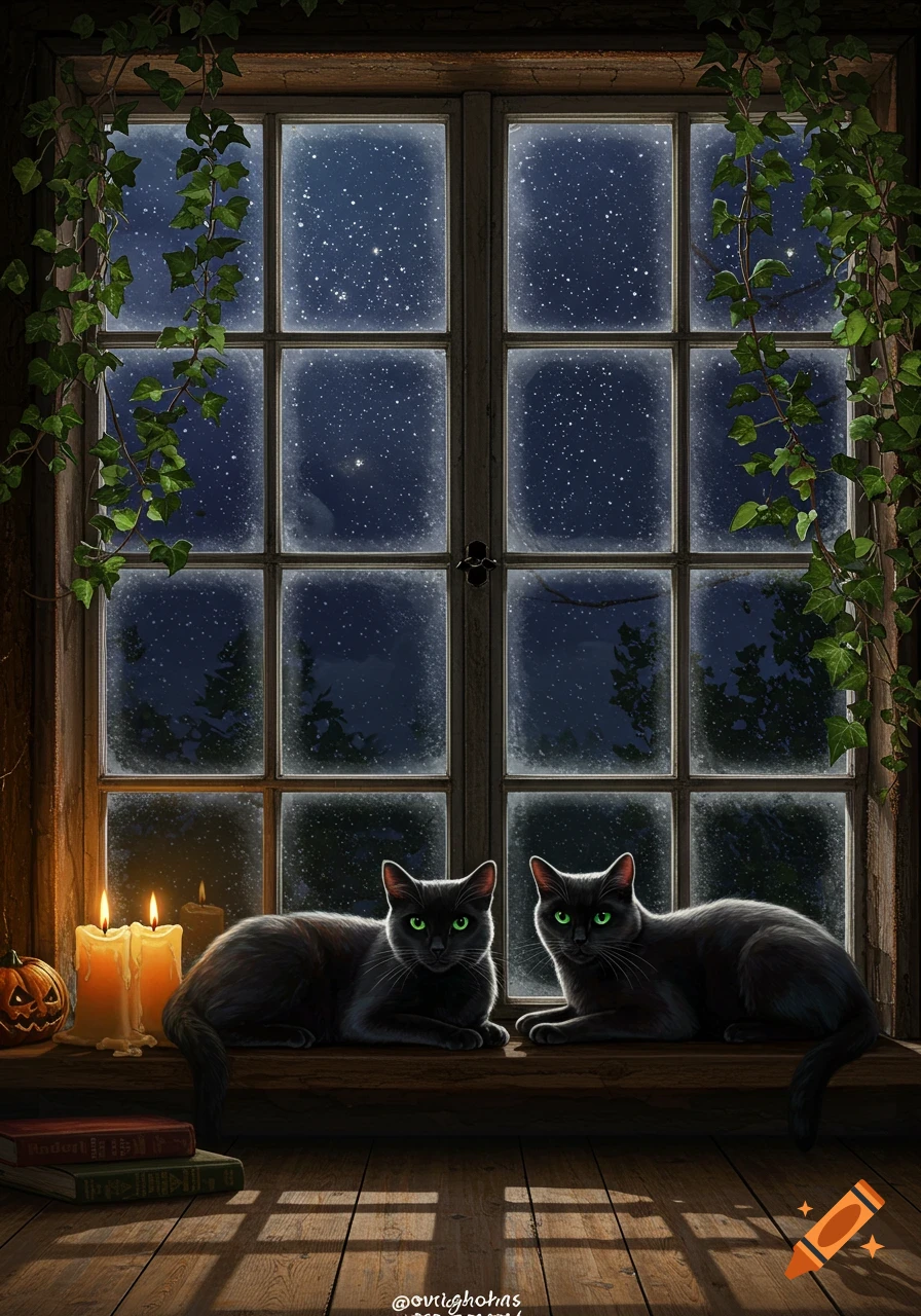 Two black cats with green eyes on a wooden windowsill, looking out at a snowy, starry night with candles and a pumpkin nearby. Illustrative style.