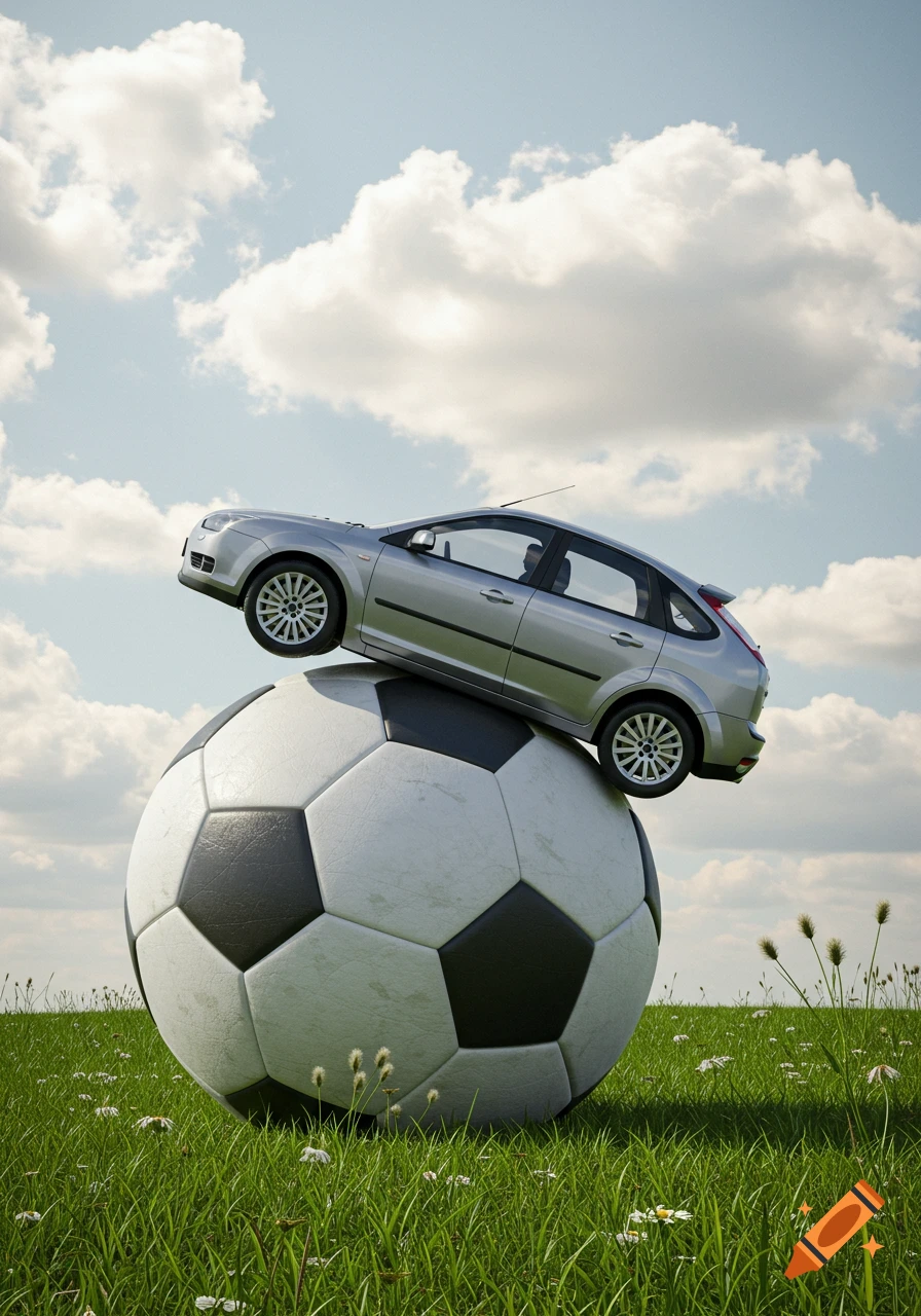 A silver hatchback car precariously balances on a giant soccer ball in a green field with wildflowers under a cloudy blue sky. Photorealistic.