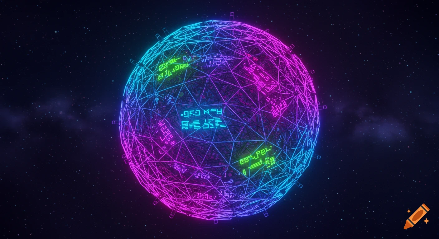 A vibrant, neon blue and pink wireframe sphere with glowing patterns floats in a star-filled dark blue space.