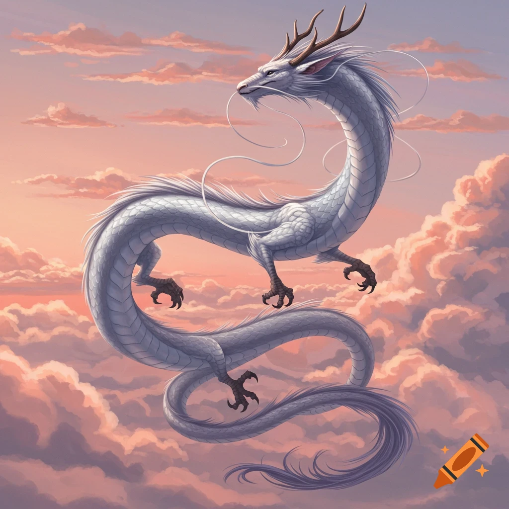 A majestic white serpentine dragon with horns and whiskers flies gracefully through a sky of soft, orange-pink clouds.