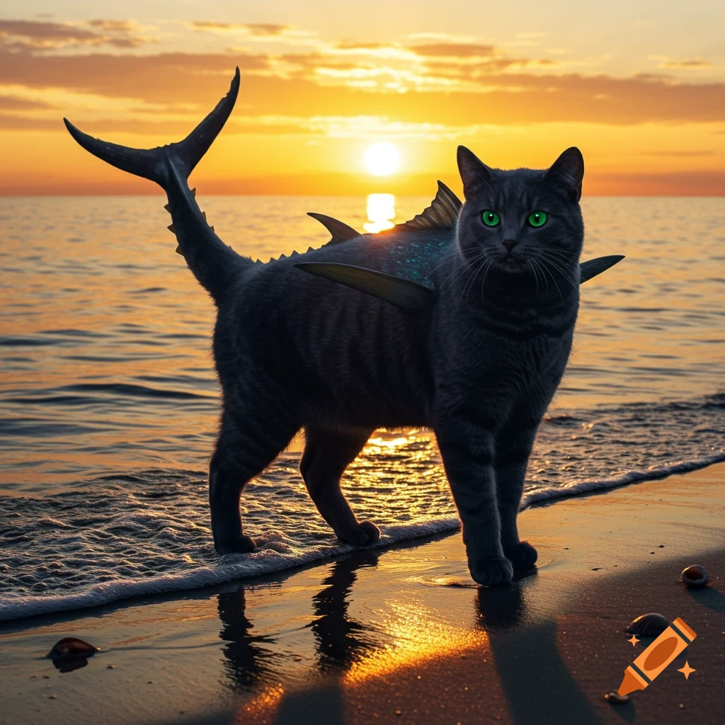 A dark gray cat with green eyes and tuna fins stands in shallow water on a sandy beach at sunset.