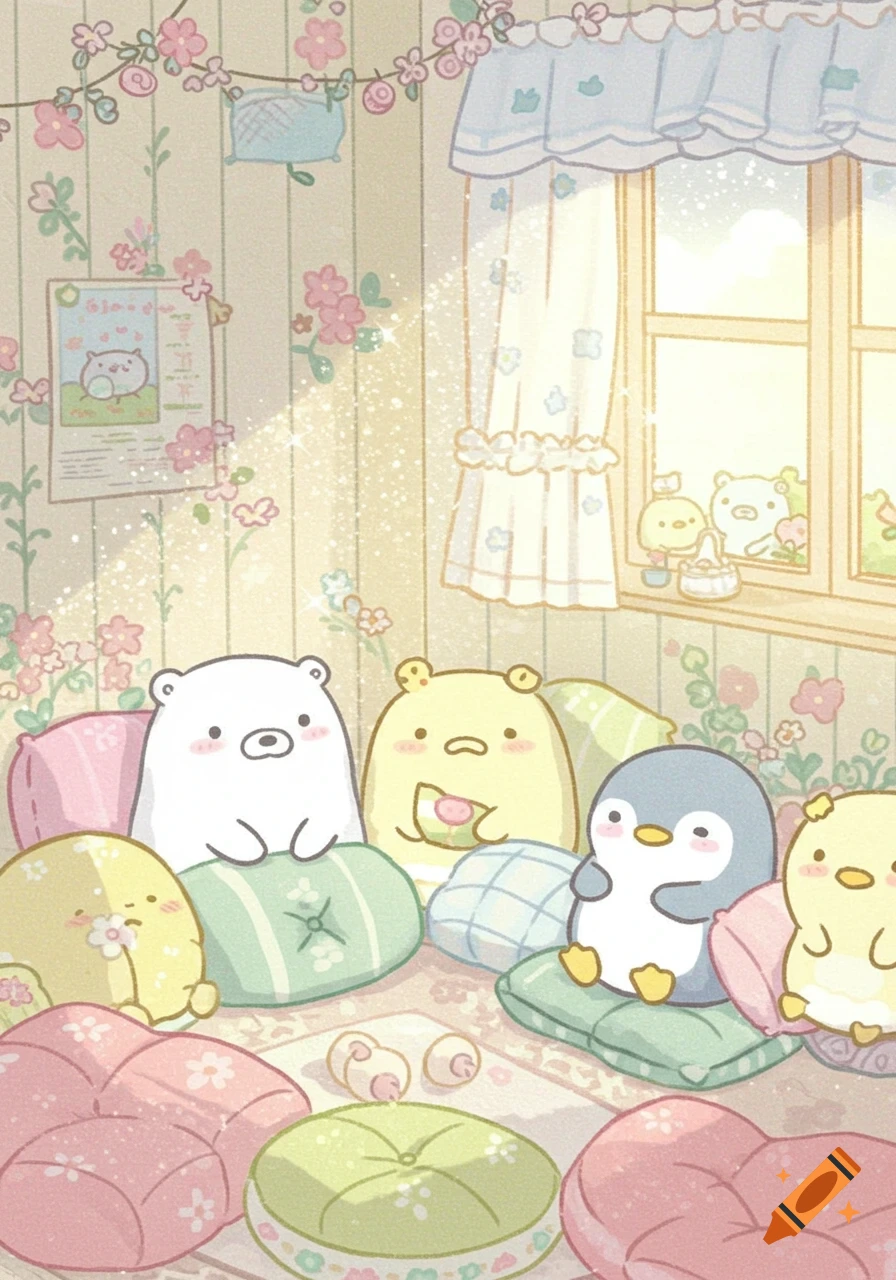 Sumikkogurashi characters are relaxing on colorful cushions in a brightly lit, flower-patterned room, looking out a window.