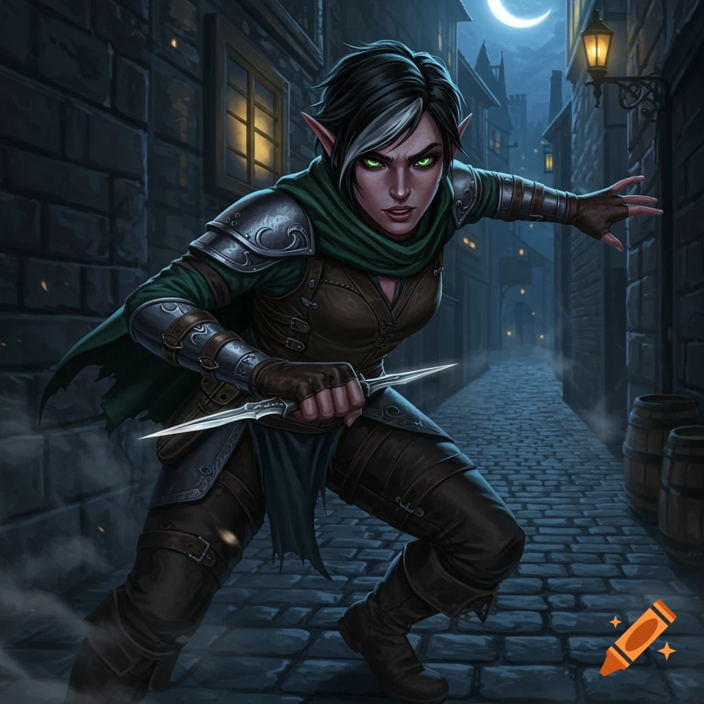 Dark fantasy illustration of a female half-elf rogue with green eyes, black-and-white hair, holding a dagger in a moonlit alley.