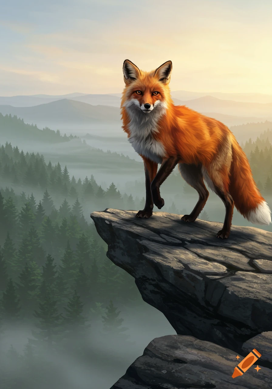 A vibrant red fox stands on a rocky cliff overlooking a misty mountain forest at sunrise, digital art.