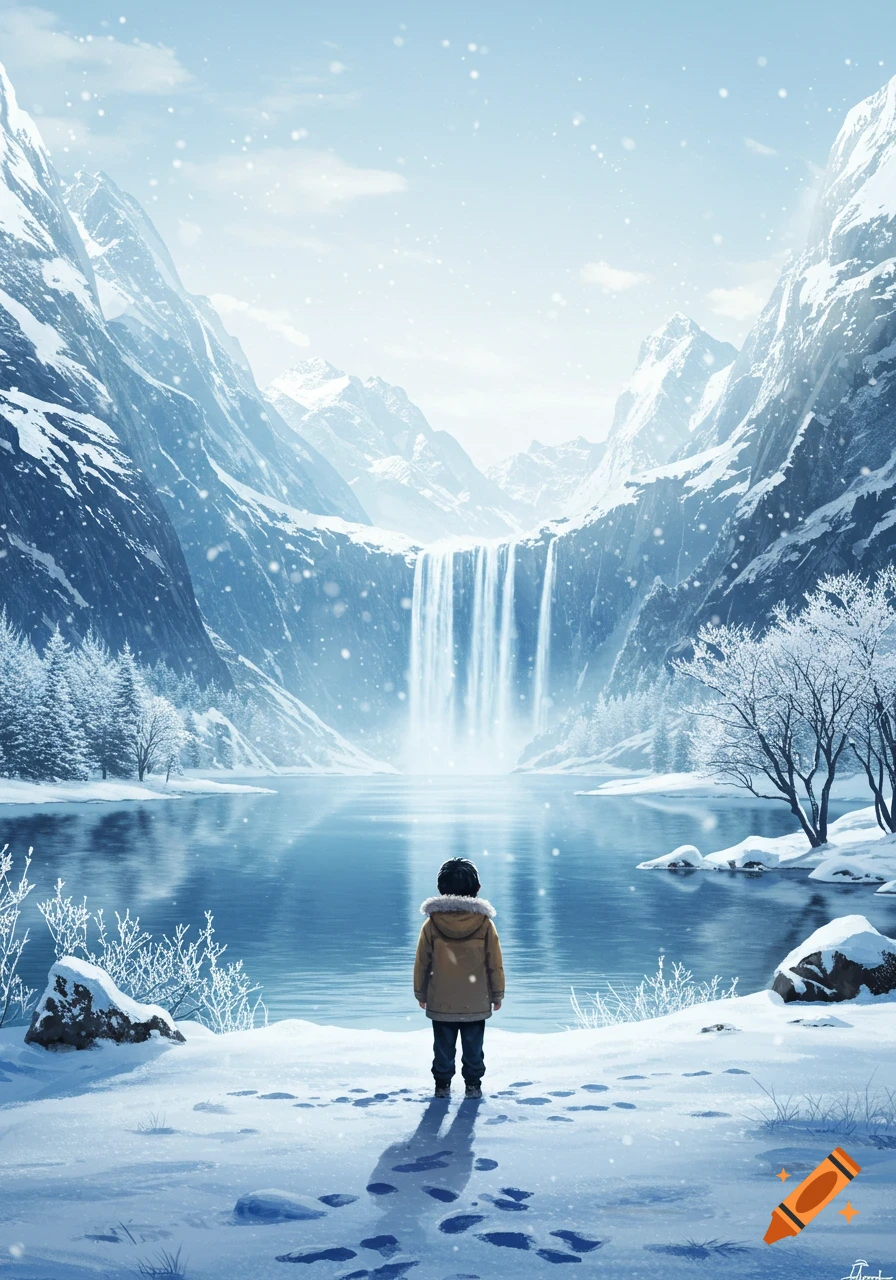 A child in a winter coat stands in a snowy mountain landscape, looking at a lake with waterfalls.