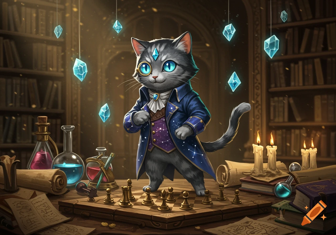A dapper grey cat with a monocle in a blue and purple coat stands on a chess board surrounded by floating crystals, potions, and old books in a magical library.