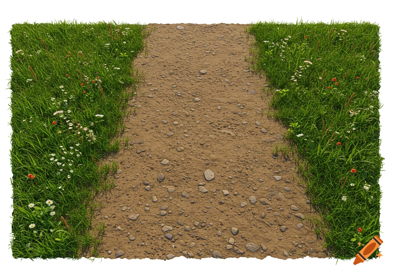 Photorealistic dirt path with green grass and small white and orange wildflowers on the edges.