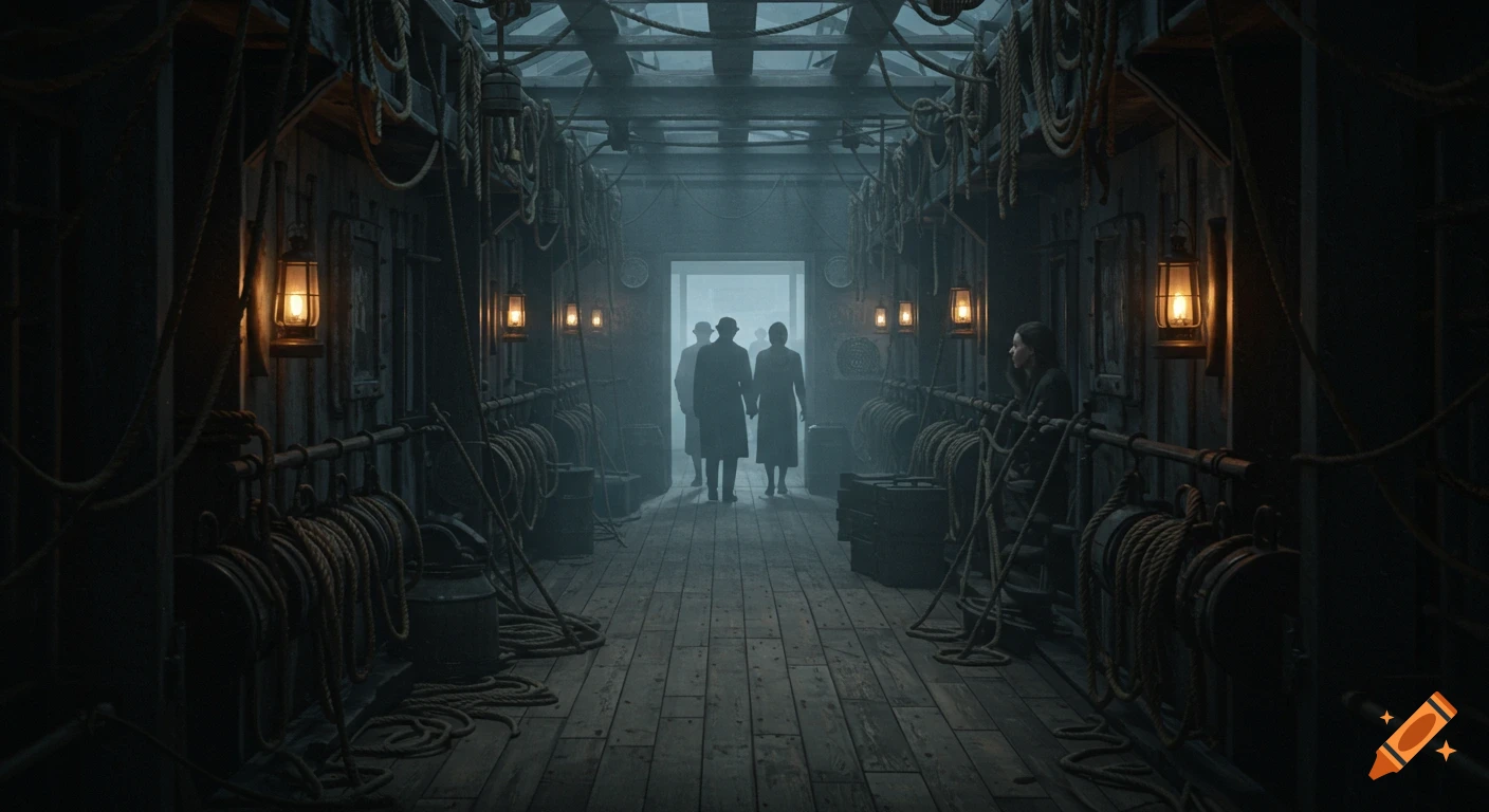 Dark, moody interior of an old wooden ship's corridor with glowing lanterns and ropes, as silhouetted figures walk towards a foggy exit.