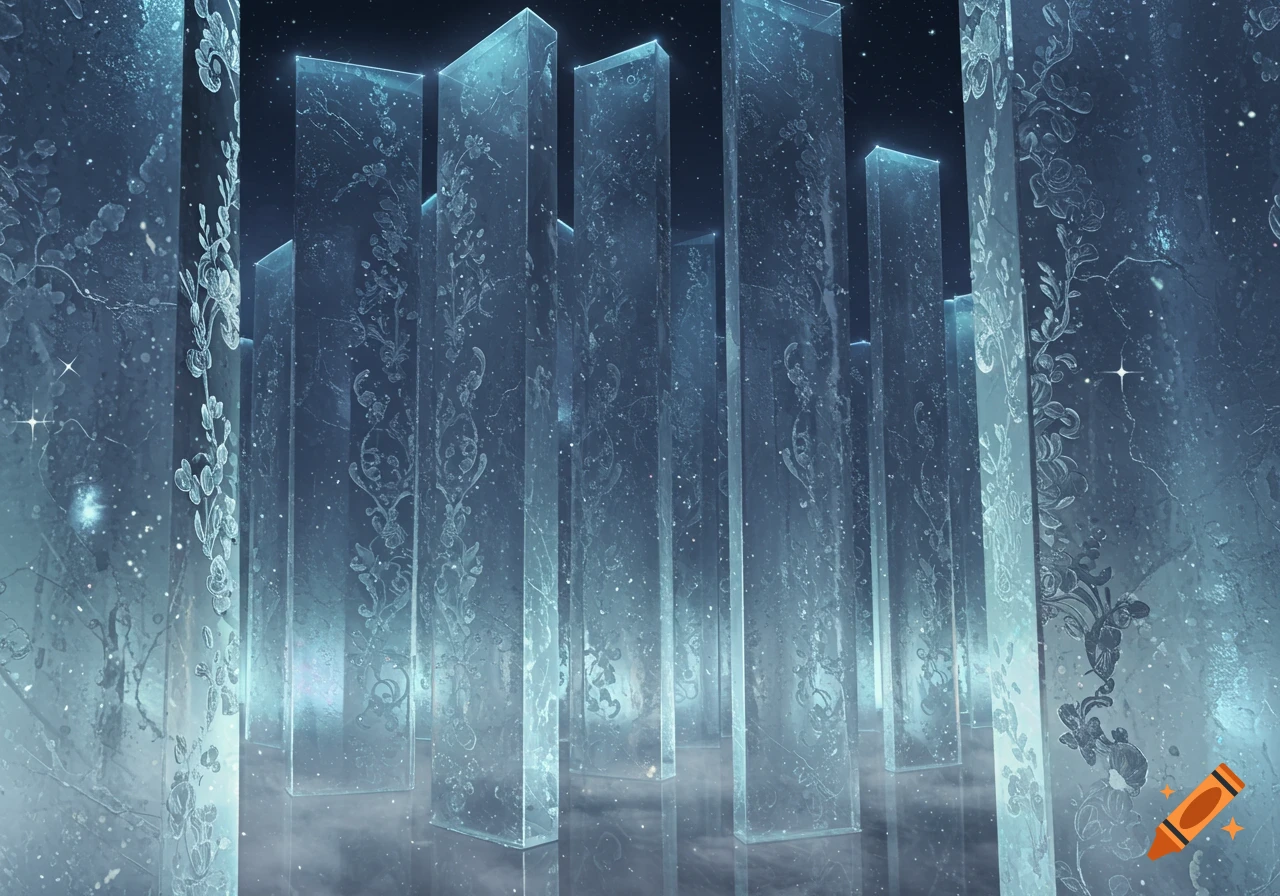 Tall, glowing blue crystalline pillars with ornate patterns on a misty reflective floor under a starry sky, resembling an abstract maze.
