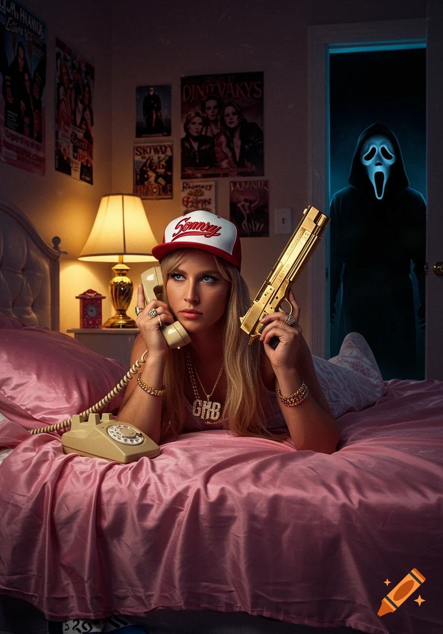 A blonde woman lies on a pink satin bed, holding a vintage phone and a golden gun, with the Ghostface killer lurking in a doorway behind her.