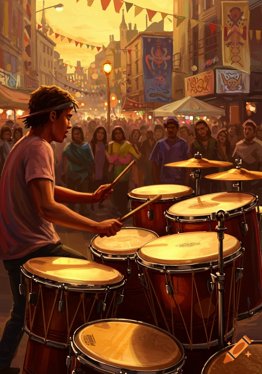 A person plays drums at a vibrant street festival filled with people and banners under a sunset sky, in an illustrative style.