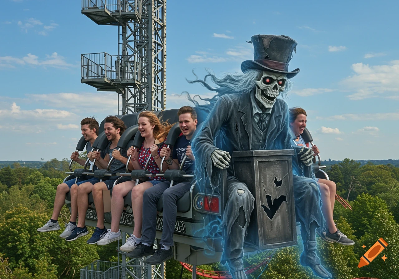 A ghostly Hatbox Ghost skeleton with glowing red eyes rides a theme park drop tower with four excited people, against a blue sky.