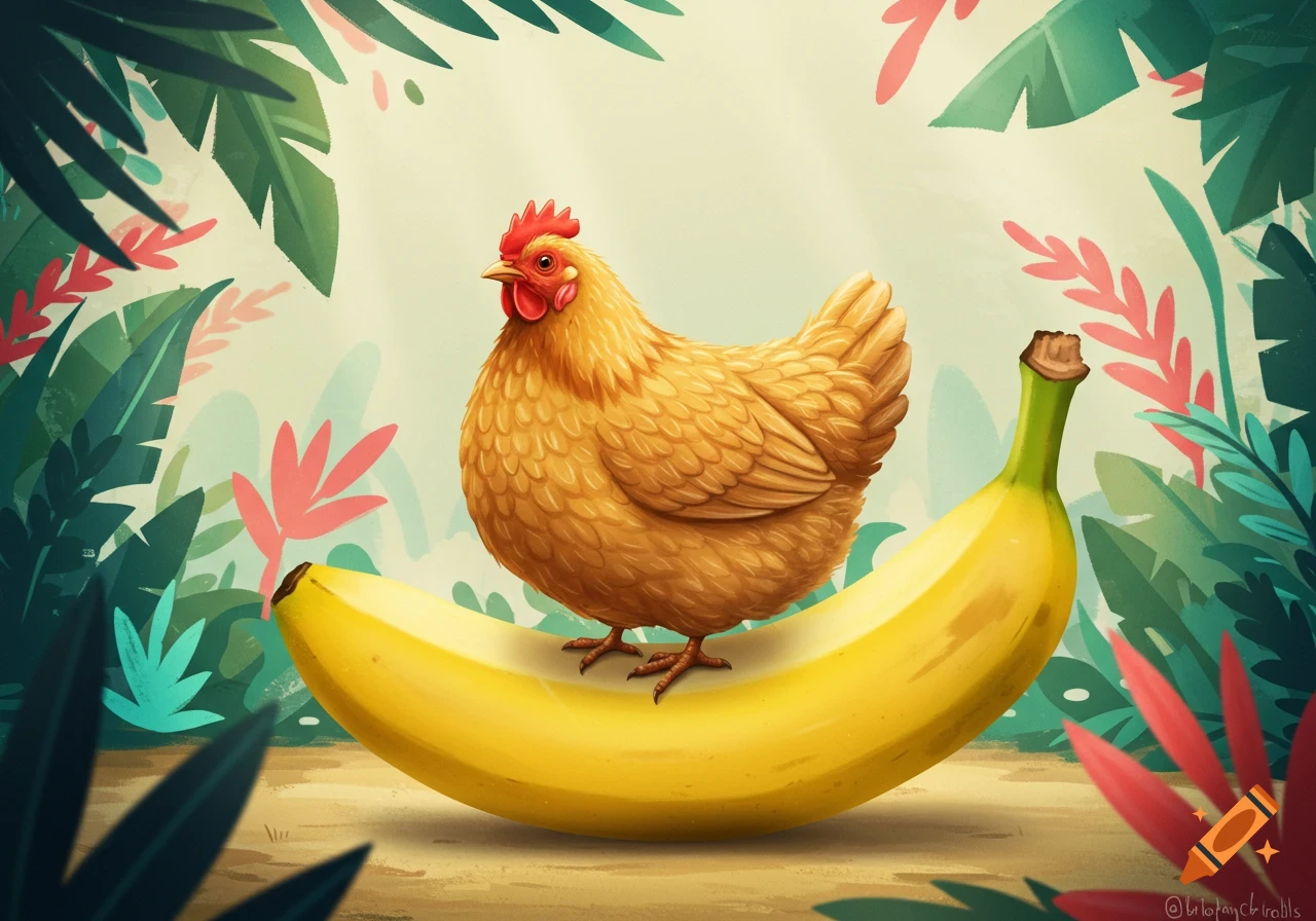 An illustration of a plump brown chicken standing on a large yellow banana in a lush tropical jungle with green and red leaves.