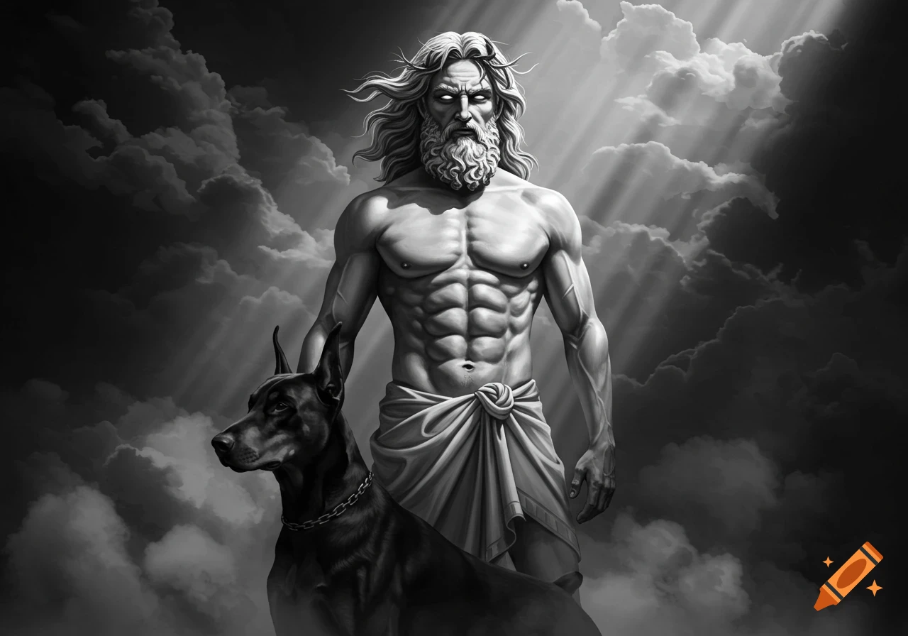 Greyscale illustration of a muscular Zeus with a beard and long hair, standing next to a Doberman against a cloudy sky with sunbeams.