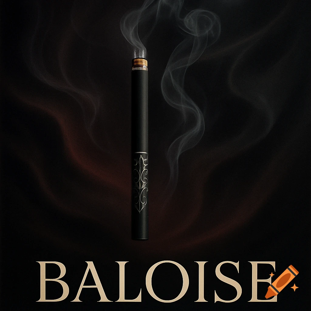 A black cylindrical cigarette or vape pen with intricate silver patterns, emitting white smoke against a dark background, with "BALOISE" in gold text at the bottom.