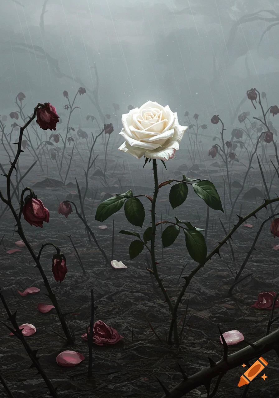 A vibrant white rose with thorns stands tall in a desolate field of withered red roses and scattered petals under a rainy, gray sky, with a soft glow.