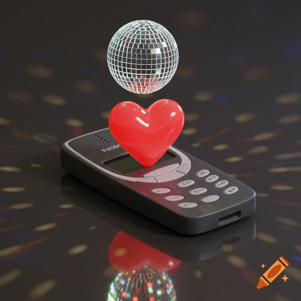 A grey Nokia phone on a dark reflective surface with a red heart on its screen and a disco ball floating above.