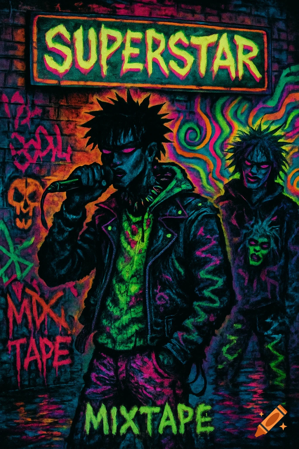 Two stylized punk musicians in neon colors in front of a graffiti-covered wall, one singing into a microphone under a 'SUPERSTAR' sign.