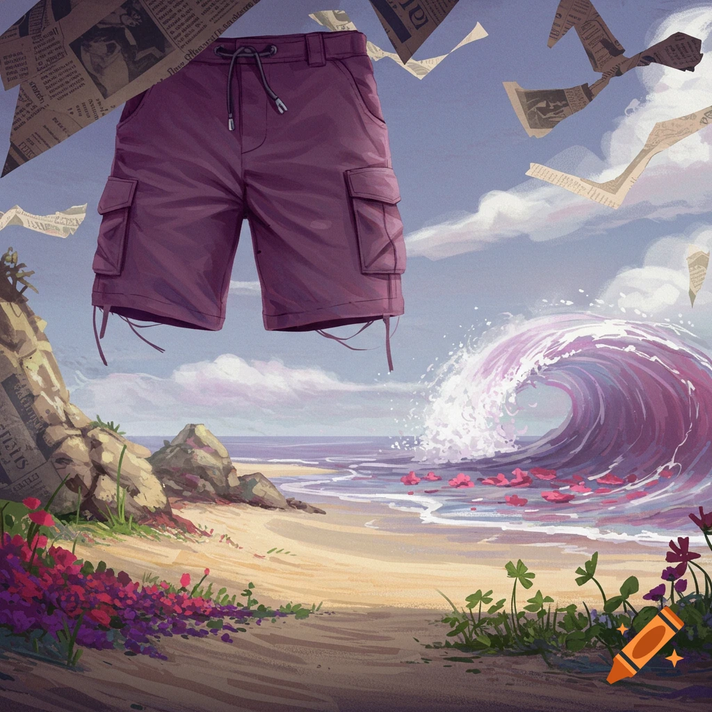 Purple cargo shorts float above a beach with a breaking purple wave, blooming flowers, and swirling newspaper scraps.