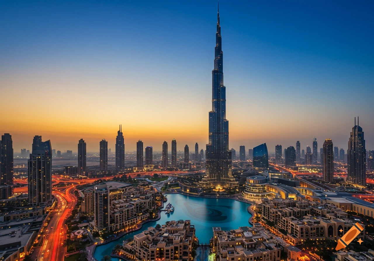 Photorealistic aerial view of Dubai skyline at sunset, featuring the illuminated Burj Khalifa, surrounding skyscrapers, and highways with light trails.