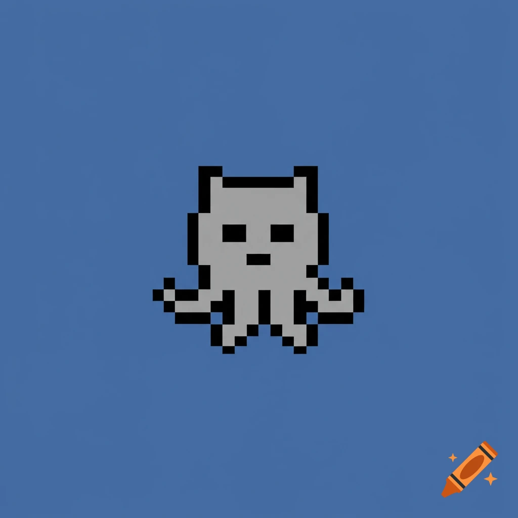 A simple gray pixel art character with cat ears and octopus tentacles on a solid blue background.