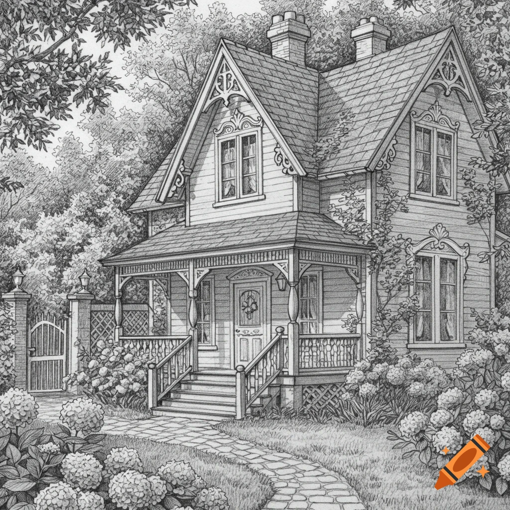 Detailed pencil drawing of a Victorian house with a porch, stone path, and abundant foliage and flowers.